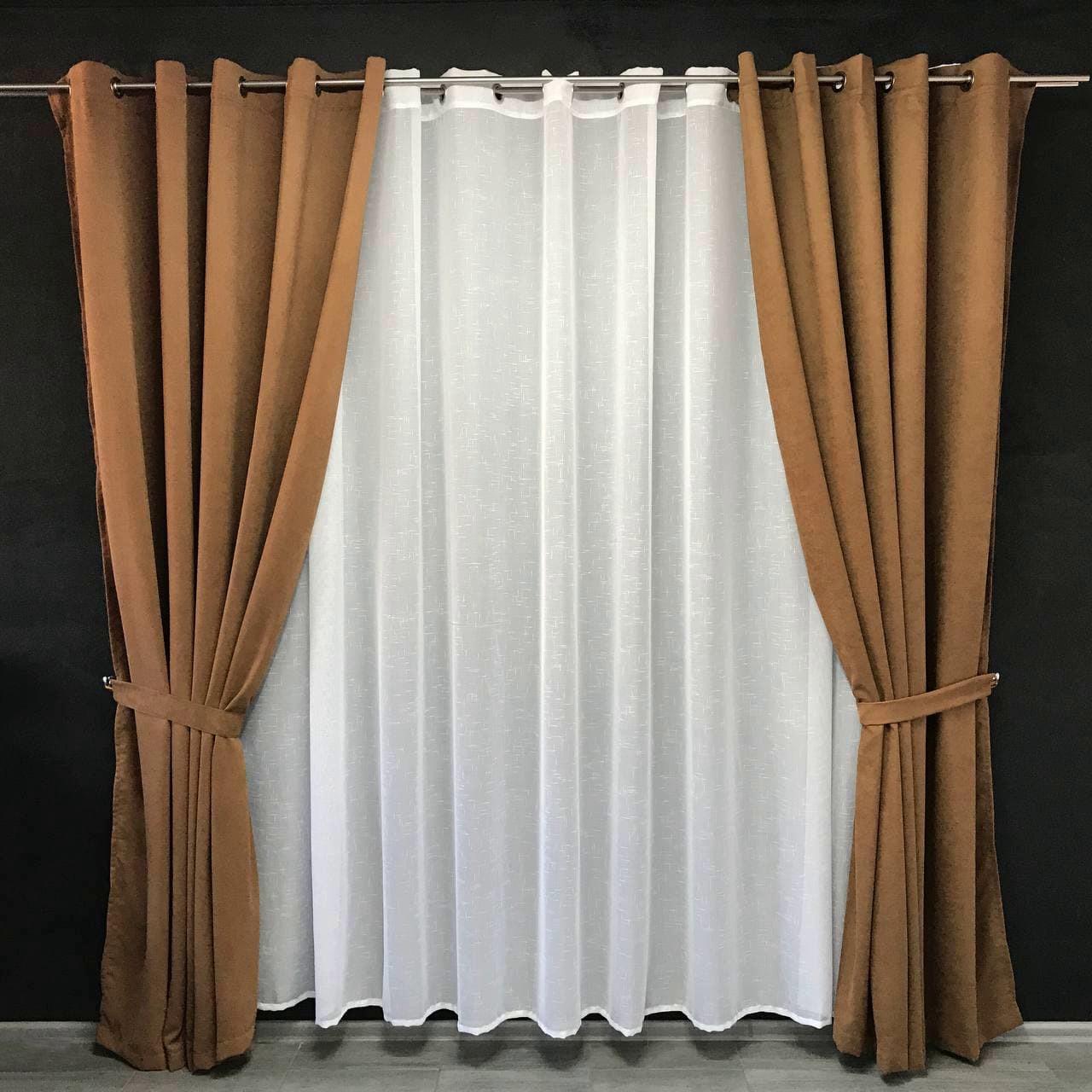 Шторы готовые однотонные из микровелюра с шифоновым тюлем на люверсах Бежевый