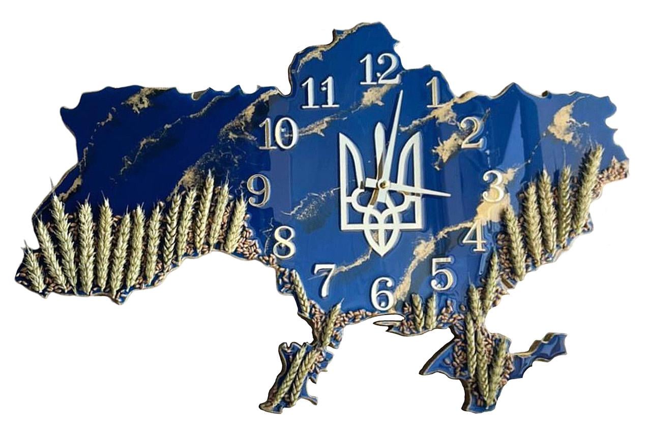 Часы настенные из эпоксидной смолы Карта Украины с колосьями 80х51 см