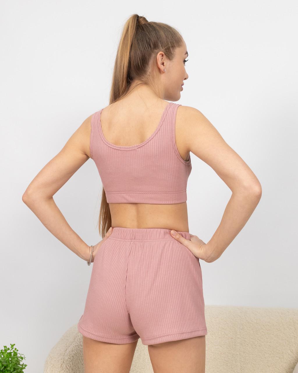 Піжама жіноча з рубчику топ і шорти Пудровий - фото 3 Піжама жіноча з рубчику топ і шорти Пудровий - фото 3