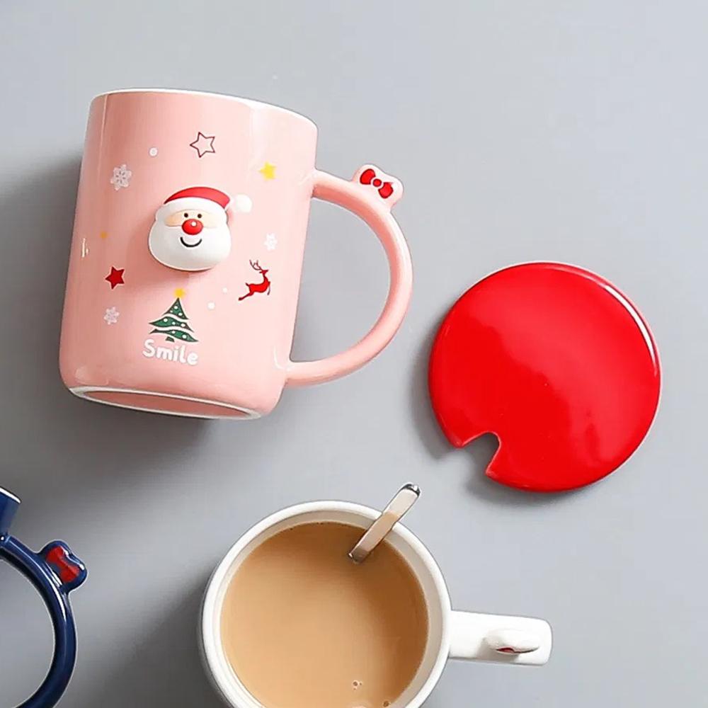 Чашка новогодняя с крышкой и ложкой Санта керамика 360 мл Розовый - фото 6