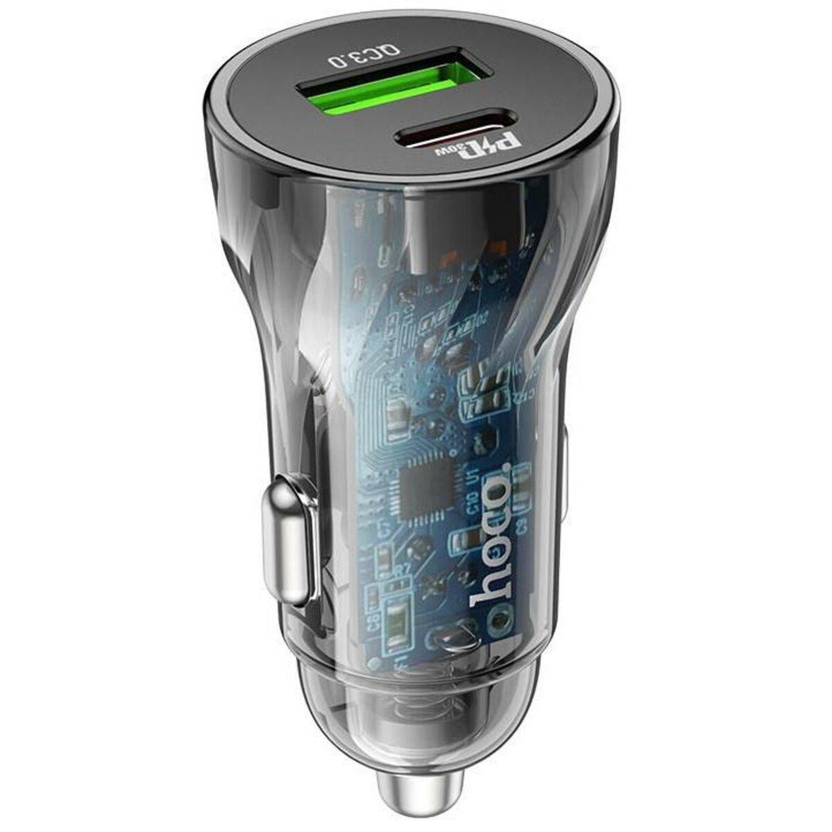 Пристрій зарядний автомобільний Hoco Z47A Dual Port PD30W+QC3.0 Car Charger Transparent Black (6931474782274)