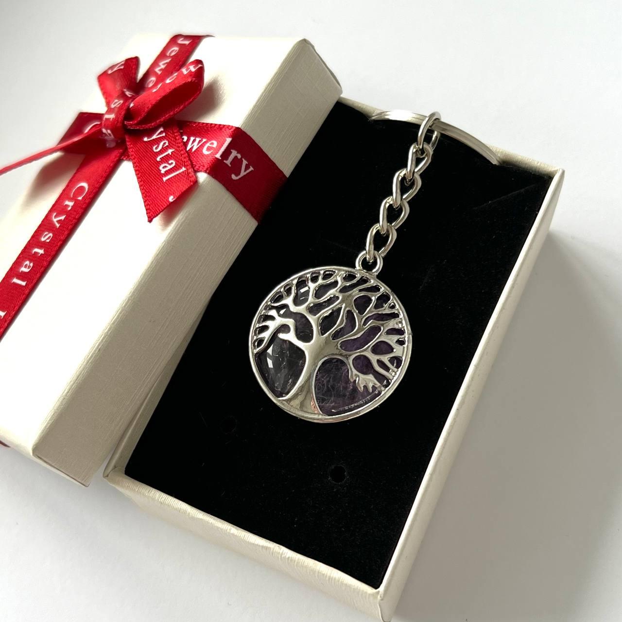 Кулон с натуральным камнем аметист фиолетовый в оправе Древо жизни 27 мм на брелке для ключей (2091502080)