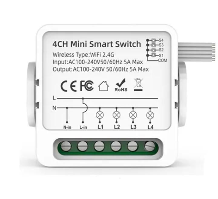 Реле Wi-Fi 4-канальное Tuya Smart Switch 4ch 5А