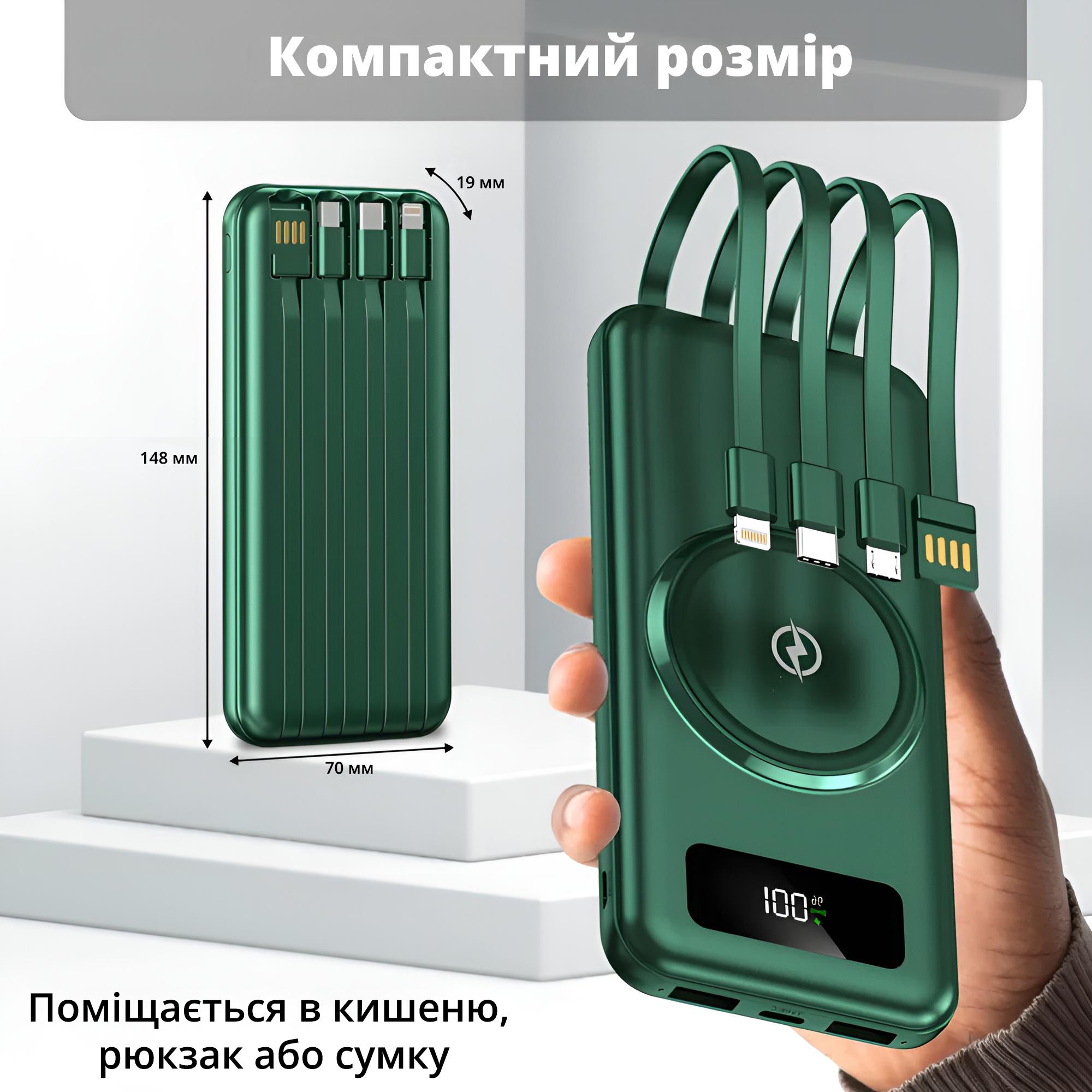 Портативный аккумулятор 10000 mAh Power Bank на 2 USB выхода и с беспроводной зарядкой Зеленый - фото 7