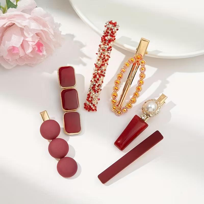 Набор заколок для волос для девушек для причесок с стразами и жемчугом женская бижутерия 6 шт. Красный/Золотистый