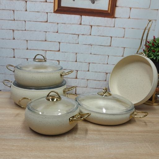 Набір посуду з сотейником та сковорідкою OMS з антипригарним покриттям 9 предметів Айворі (3024) - фото 3