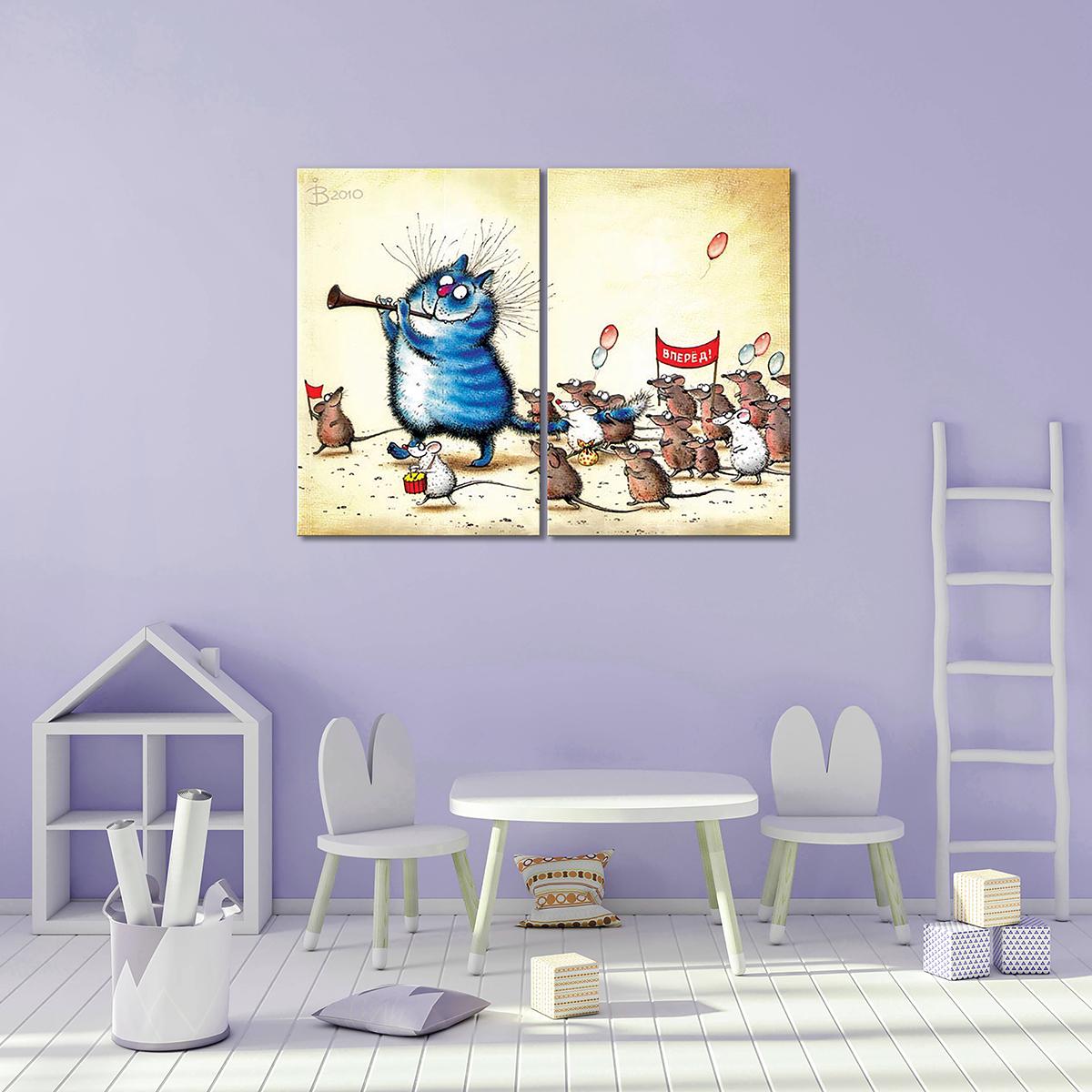 Модульная картина Кот ведет за собой мышей 2 модуля общий размер 120x180 см (_rinaz_21)
