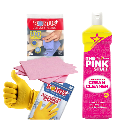 Набір універсальний крем-очищувач The Pink Stuff Cream Cleaner/ганчірка BONUS UNI cloth/рукавички Comfort glove (823675-bb)