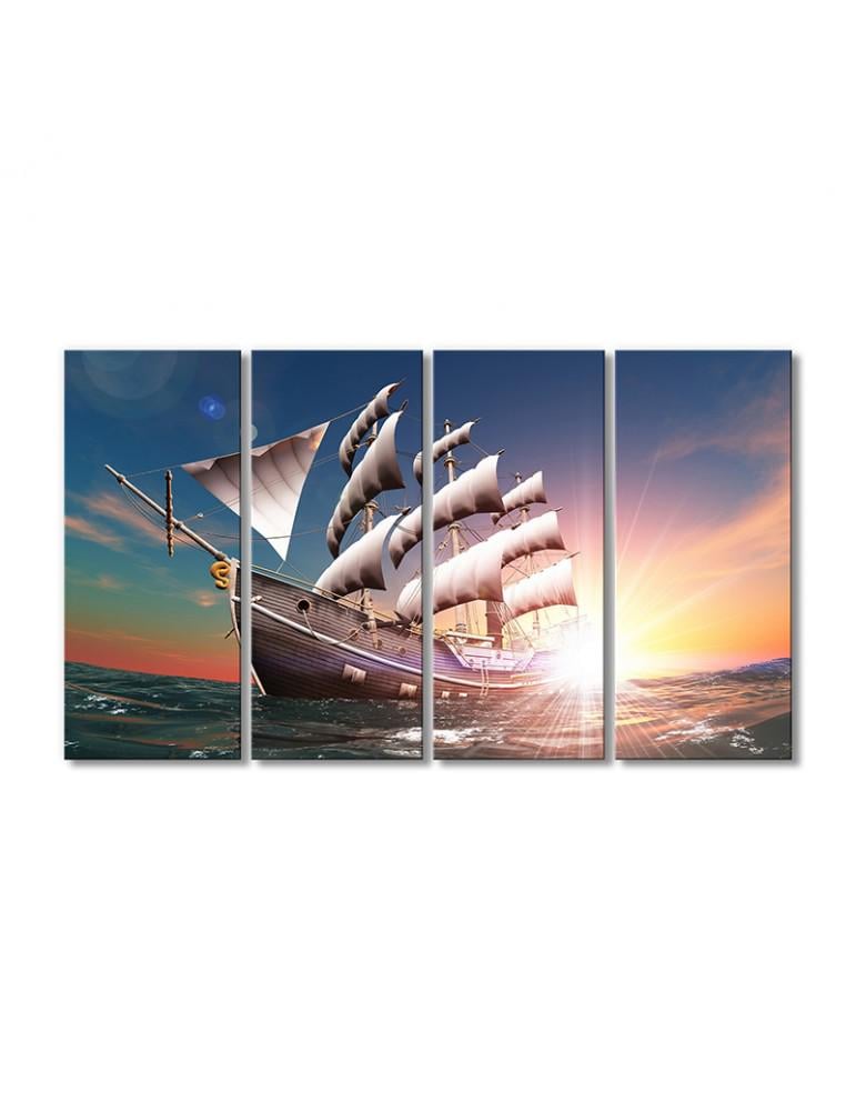 Картина модульная Солнечные лучи и корабль с парусами 4 модуля 120x180 см