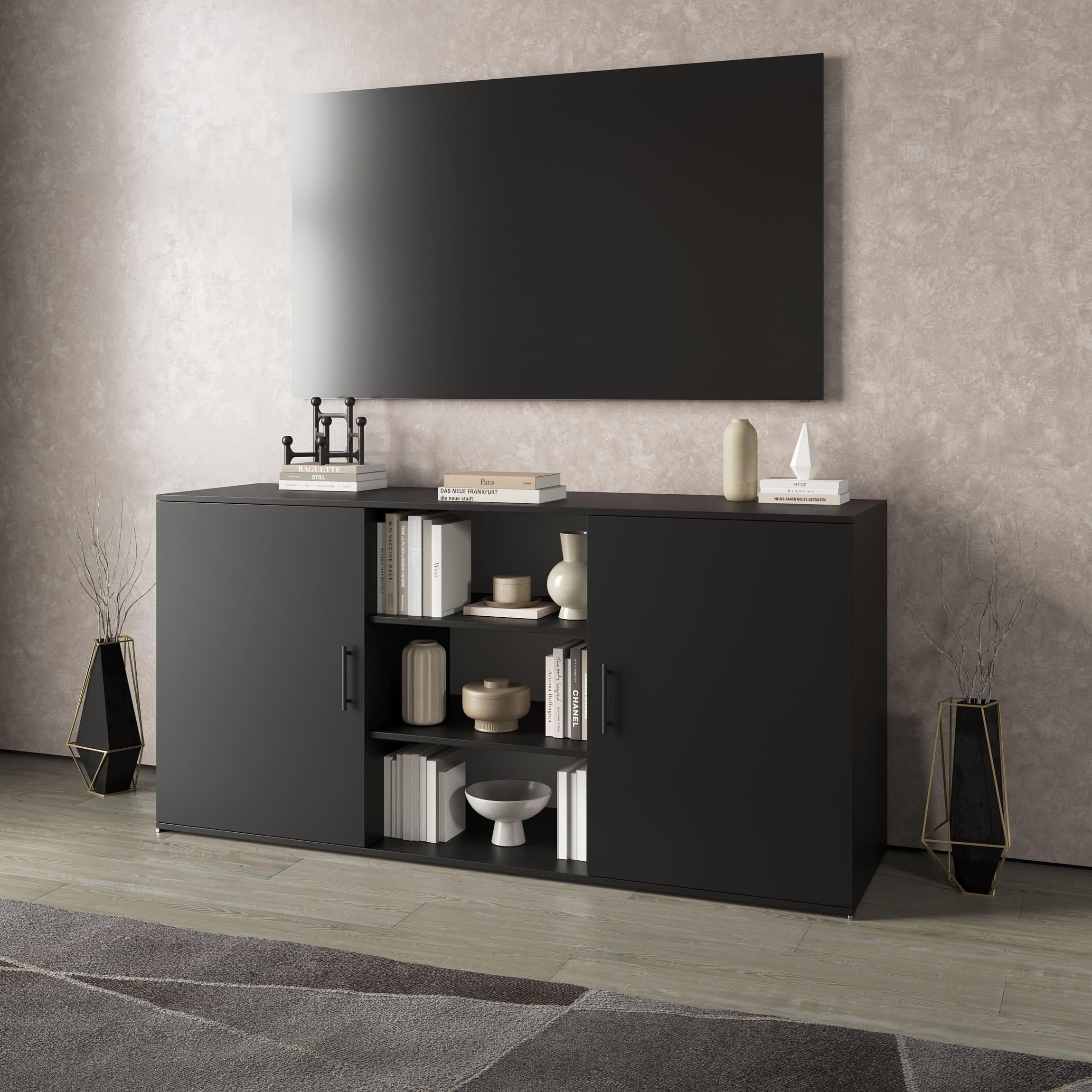 Тумба под ТВ с полками и дверцами Черный (380660)