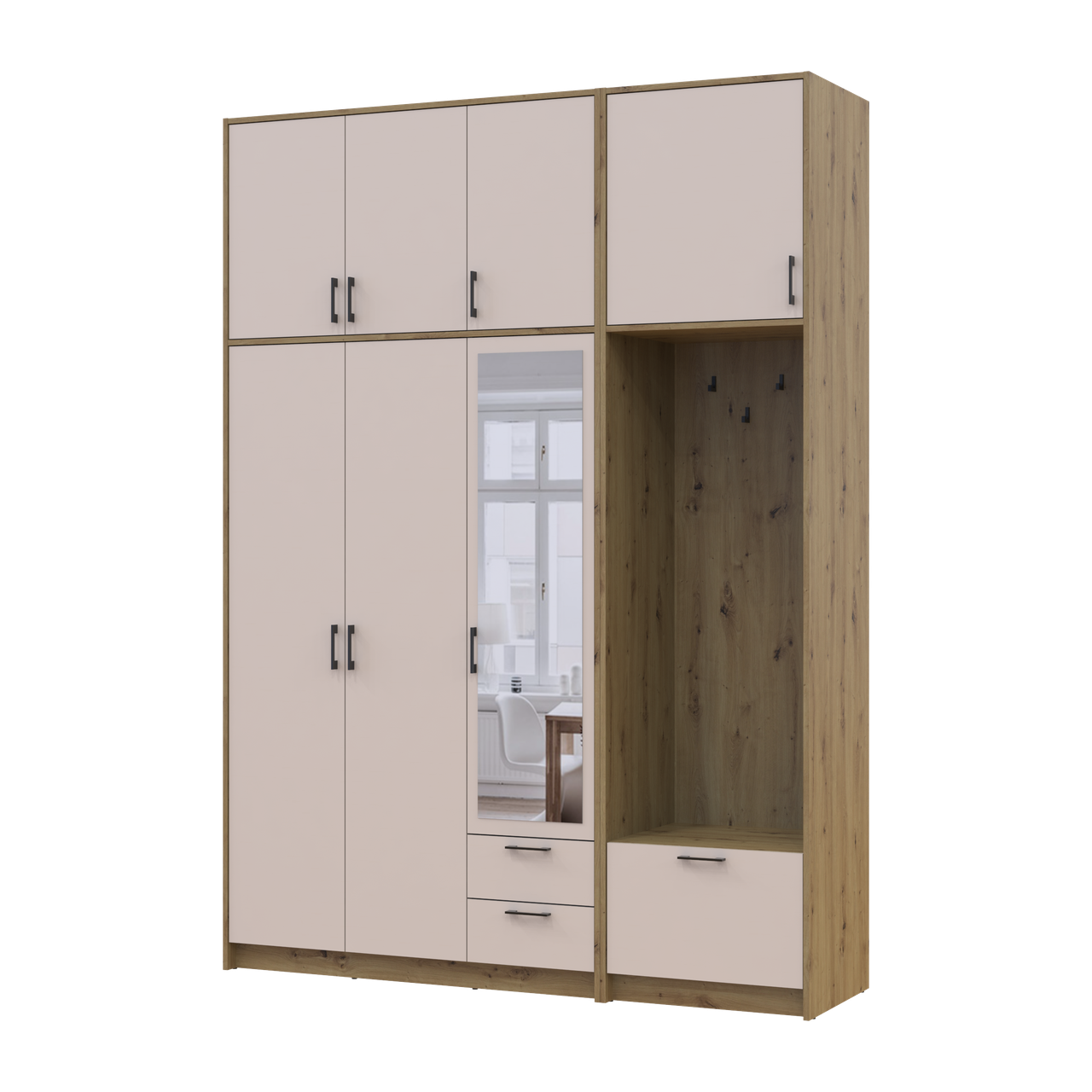 Шафа для одягу Doros Ронді з вішалкою, дзеркалом та високою антресолею 3 ДСП 181х52х260 см Дуб Артізан/Кашемір (42005290)