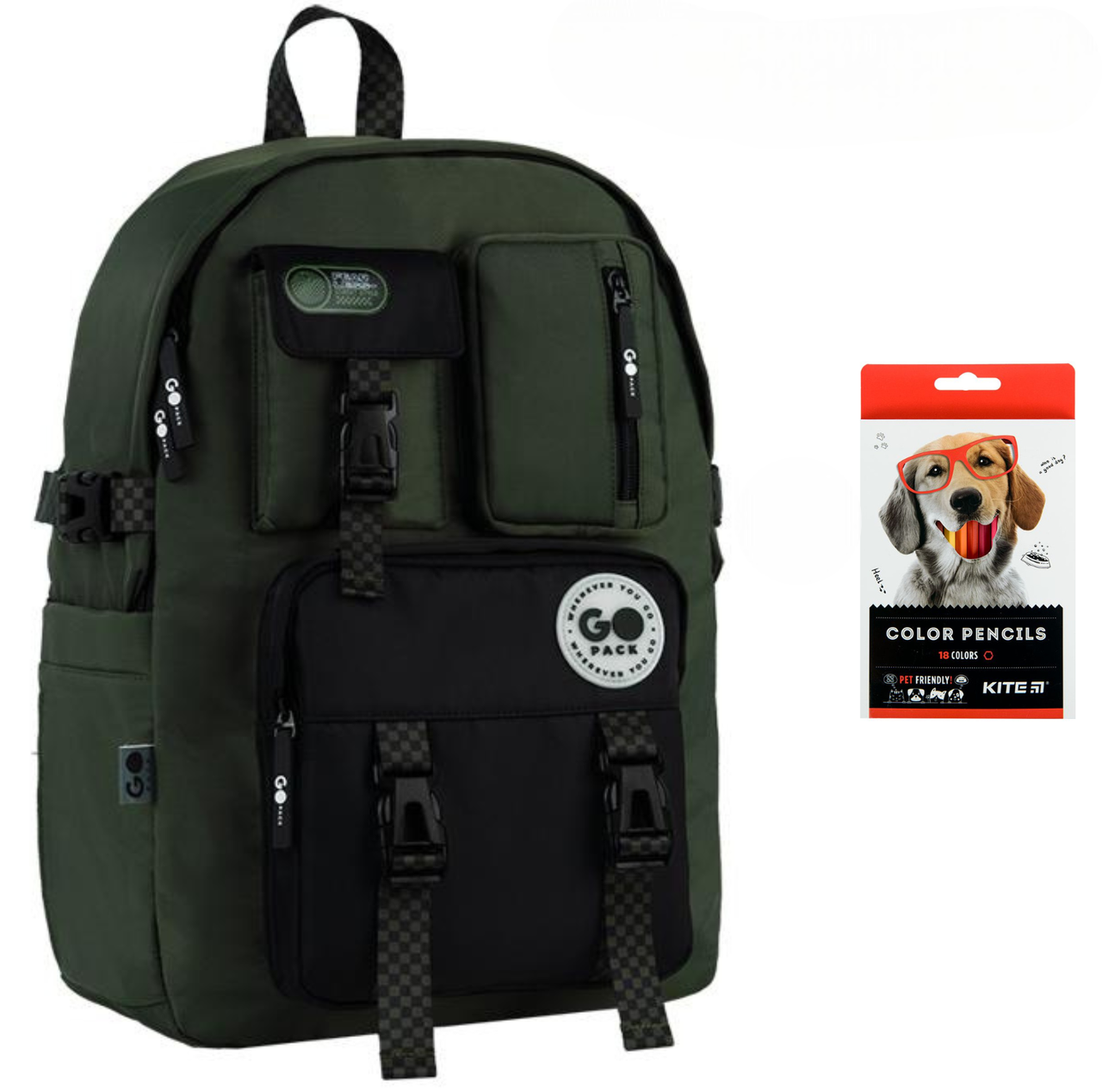 Рюкзак школьный GoPack Education Teens GO26-2500L-4 и карандаши KITE 18 цветов Хаки (2905030969)