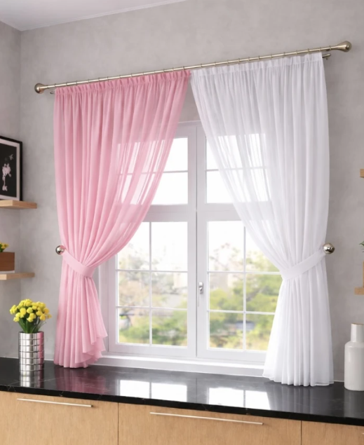 Комплект штор на кухню шифон 250х170 см Розовый/Белый (501к 10)