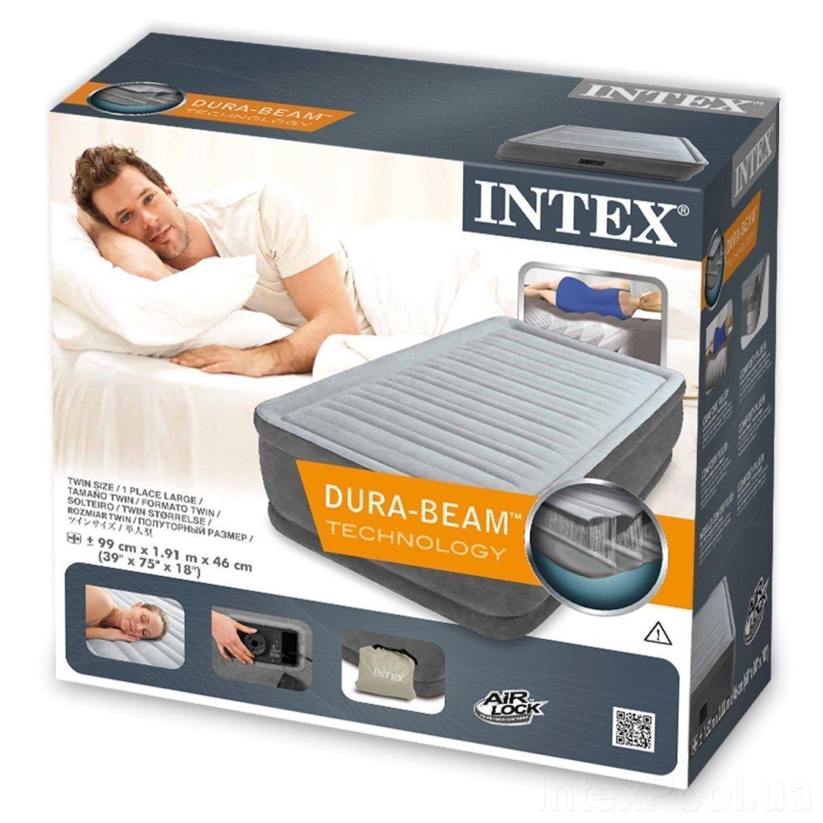 Кровать надувная велюровая Intex 64412 с электронасосом 191х99х46 см Grey (008640) - фото 2