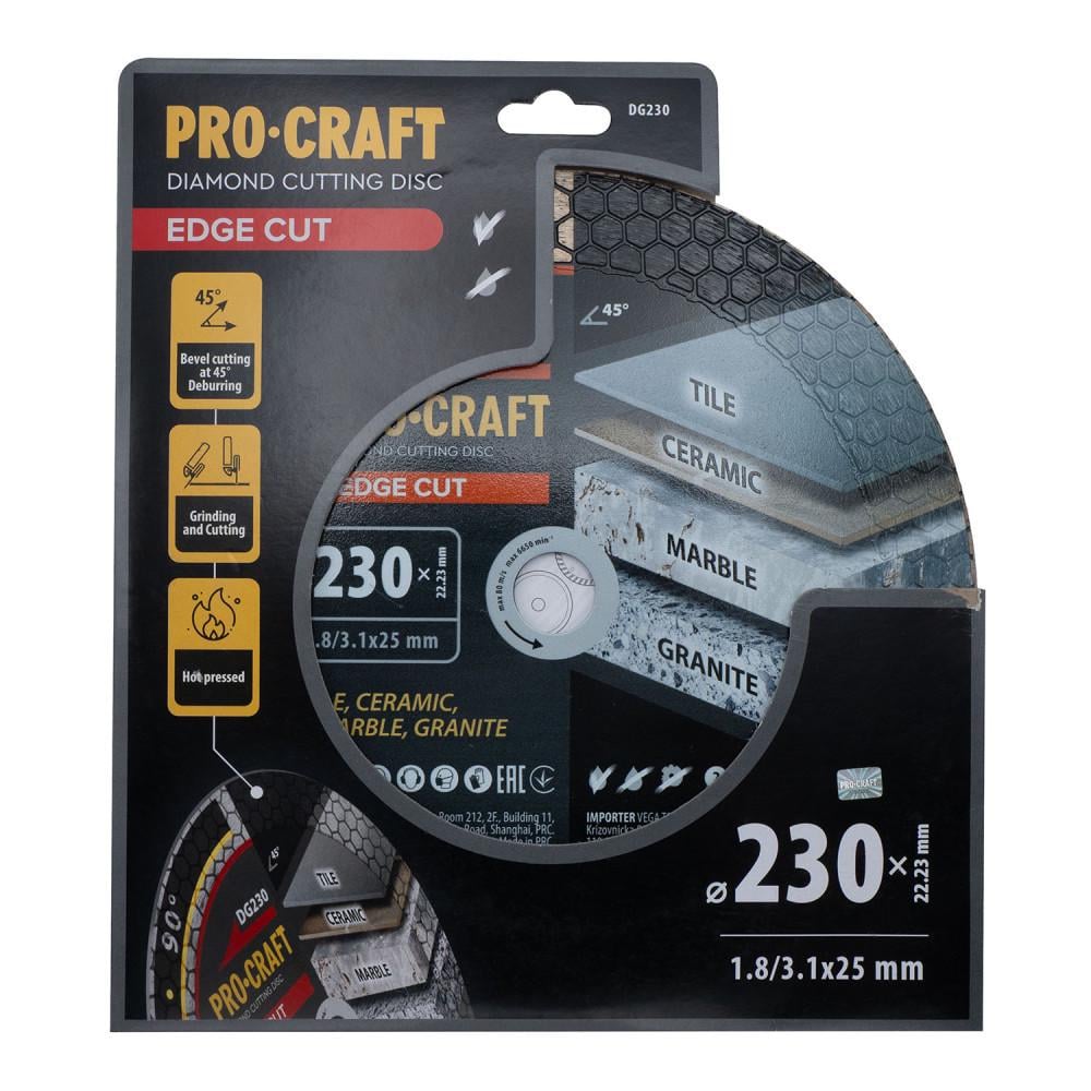 Диск алмазный Procraft DG230 EDGE CUT для плитки/керамики/мрамора и гранита 230х22,23 мм