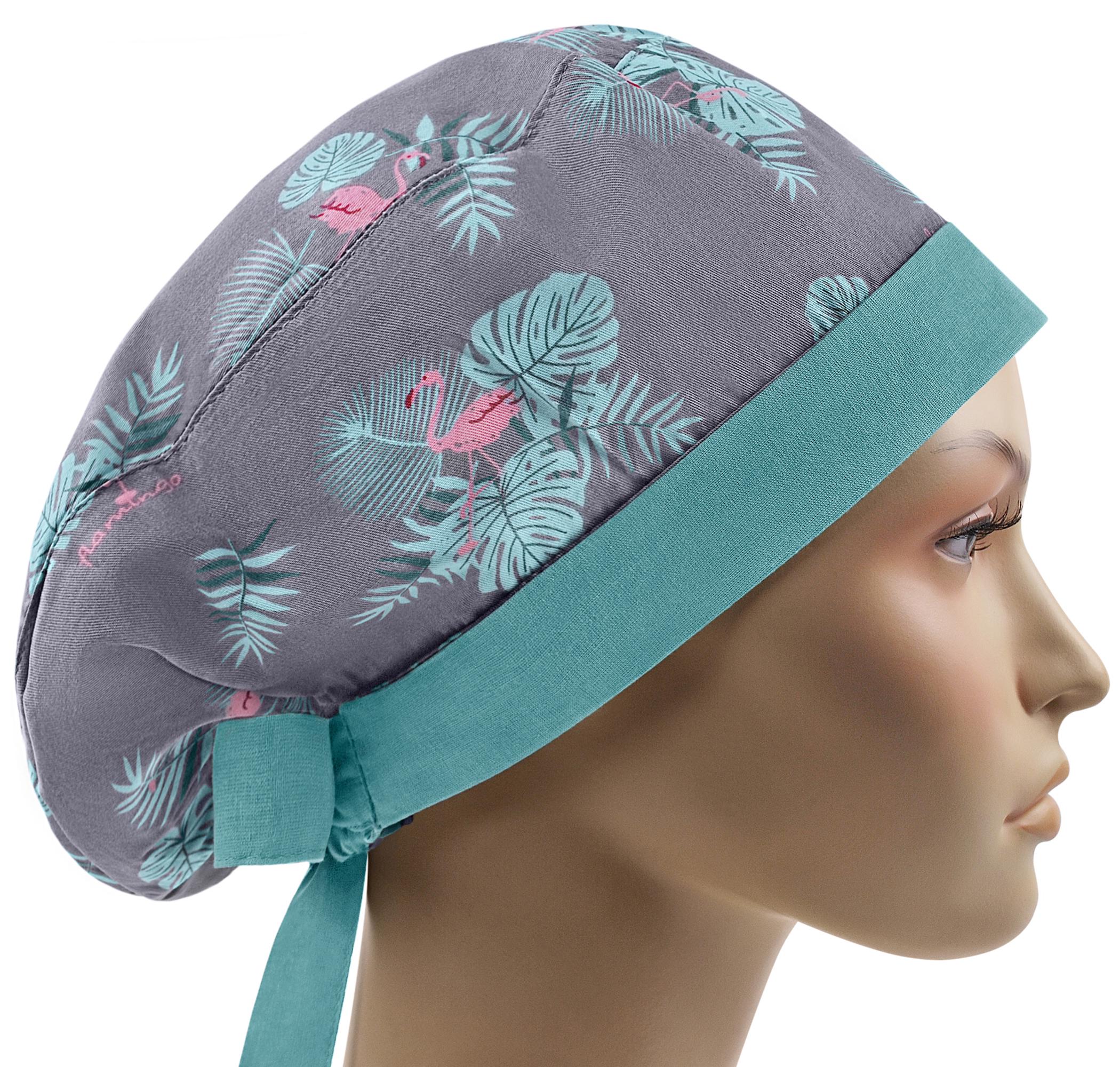 Шапочка медицинская женская SSC универсальная Фламинго на сером отворот хирургический (euro014)