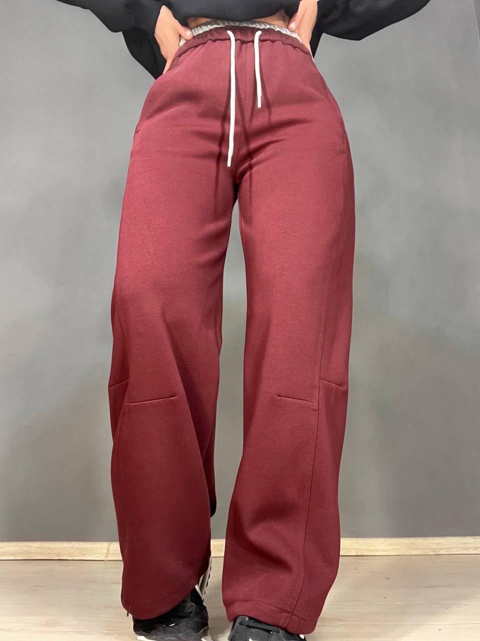 Штани жіночі A-N 25061 спортивні широкі Baggy з кишенями та шнурком трикотажні XL Бордовий (3338)