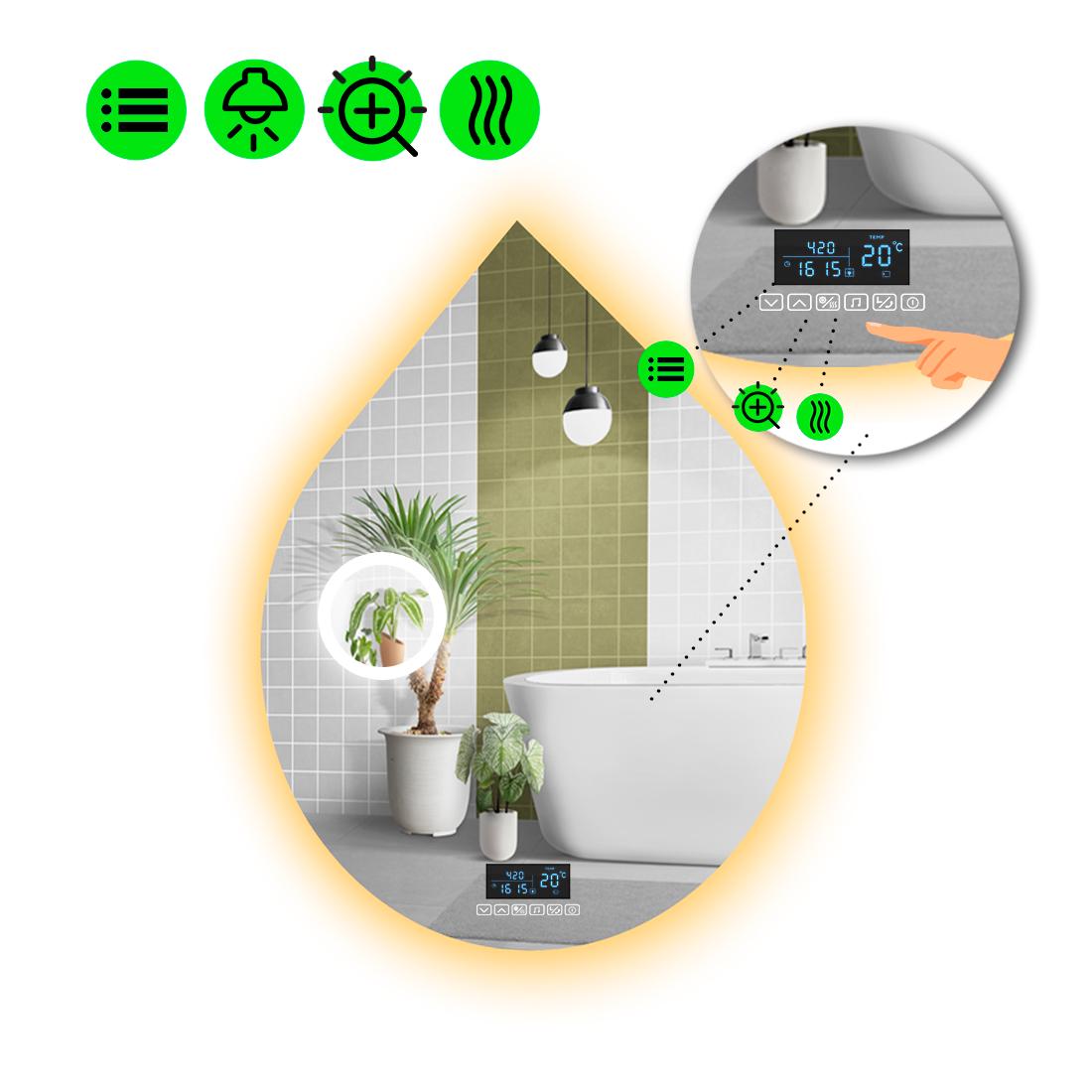 Зеркало с LED подсветкой Goccia 2 с Smart-блоком/линзой с подсветкой и подогревом 140x110 см (Goccia2-107)