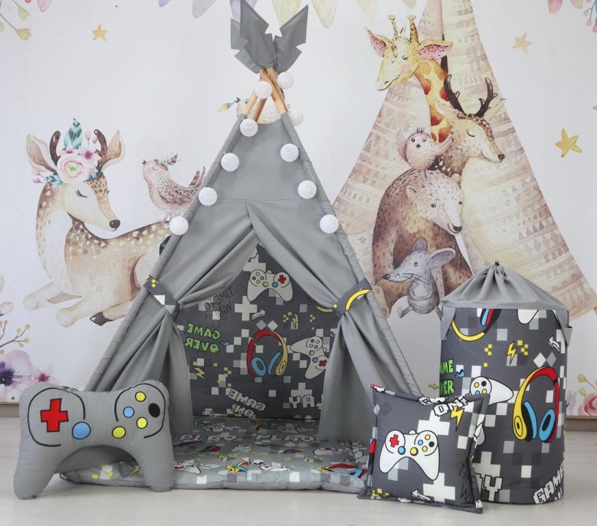 Вігвам для дітей Playsation графіт з матрацом і подушками з кошиком для білизни - фото 4 Вігвам для дітей Playsation графіт з матрацом і подушками з кошиком для білизни - фото 4