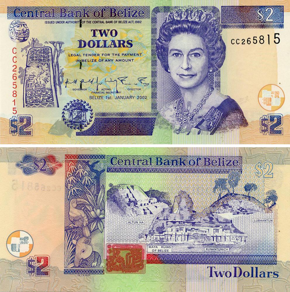 Коллекционная банкнота Белиз 2 доллара 2002 UNC (P60b)
