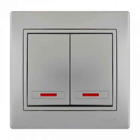 Вимикач двоклавішний Lezard Mira зі вставкою та підсвіткою Сірий металік (27549134)