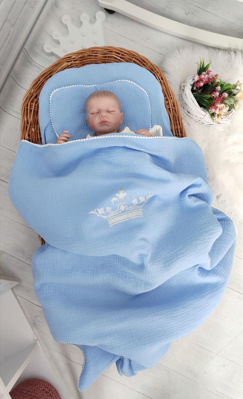 Набор в коляску 3в1 с короной муслин Голубой (25011109) - фото 1 Набор в коляску 3в1 с короной муслин Голубой (25011109) - фото 1