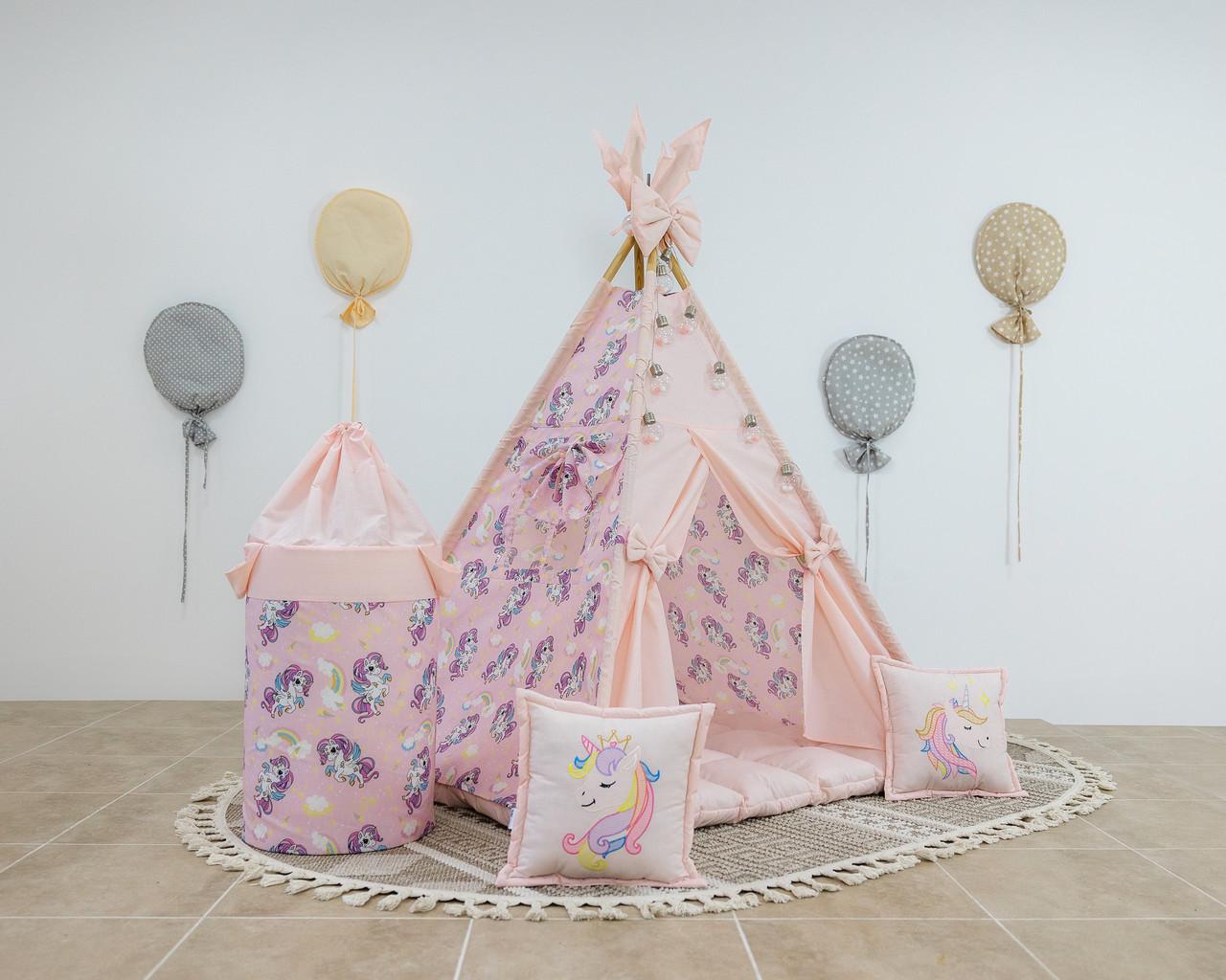 Вигвам для девочки Unicorn матрас БОН БОН с подугками и бантом с корзиной - фото 8