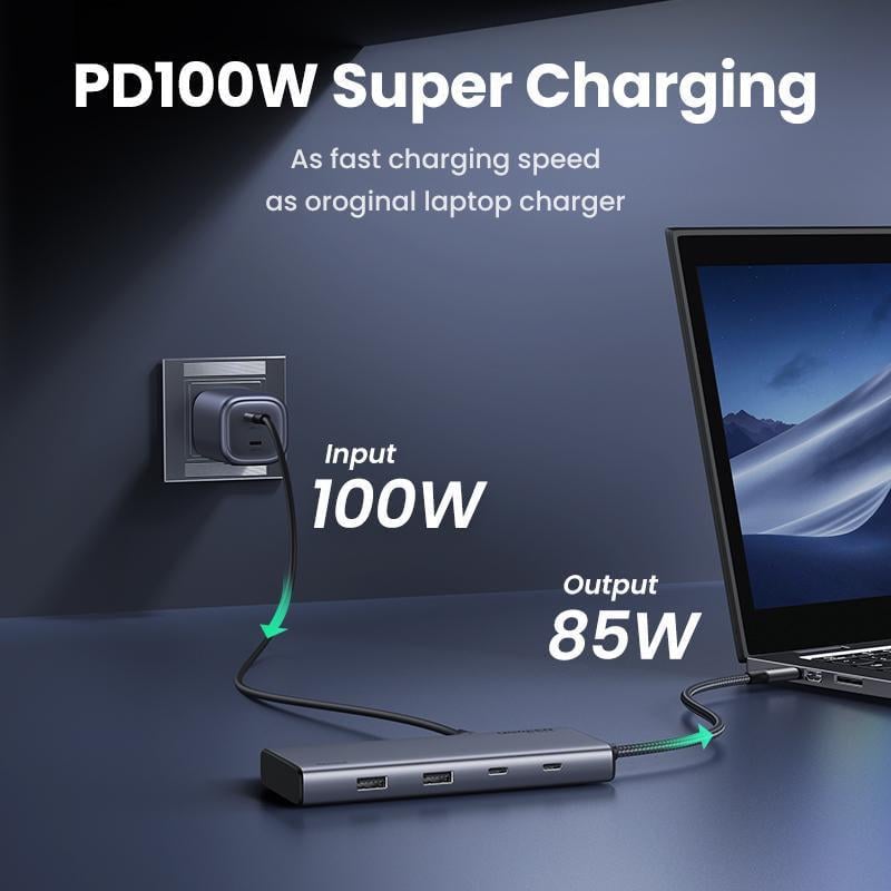 Док-станція UGREEN USB-C потрійний 4K дисплей 10Гбіт/с USB 3.2 PD 100Вт 30 см Сірий (35625) - фото 2 Док-станція UGREEN USB-C потрійний 4K дисплей 10Гбіт/с USB 3.2 PD 100Вт 30 см Сірий (35625) - фото 2