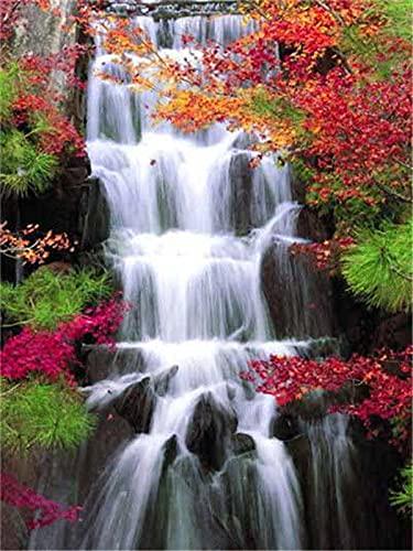 Алмазная мозаика Strateg Пейзаж Водопад среди ярких деревьев 30х40 см на подрамнике (HX333-mt)