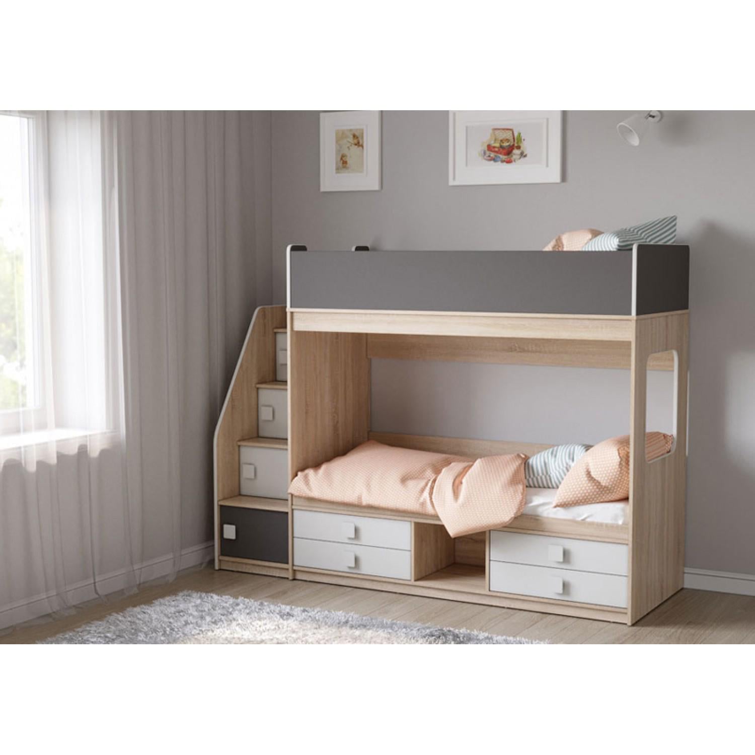 Кровать детская двухъярусная с полками и ящиками 70x175/80x220 см (N-301.1)