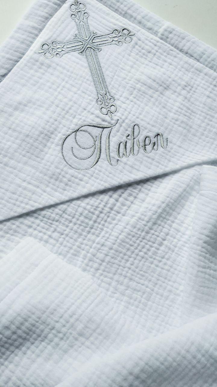 Набор для крещения именной Лето муслиновая крыжма/песочник/мешочки для локона и хранения 62 см (2173033886a) - фото 4 Набор для крещения именной Лето муслиновая крыжма/песочник/мешочки для локона и хранения 62 см (2173033886a) - фото 4