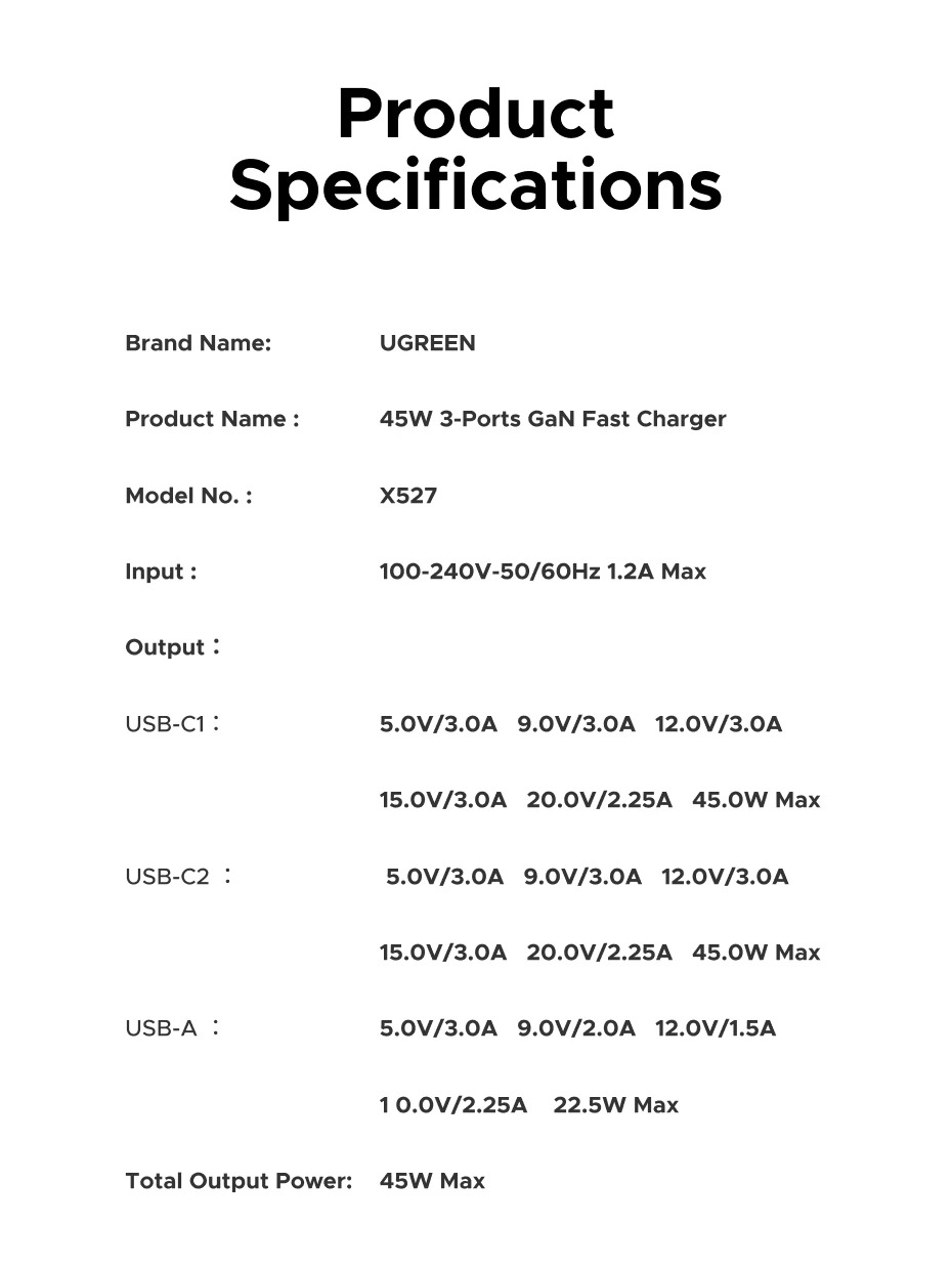 Зарядное устройство UGREEN X527 45W 3-Ports GaN Fast Charger (2000199) - фото 8