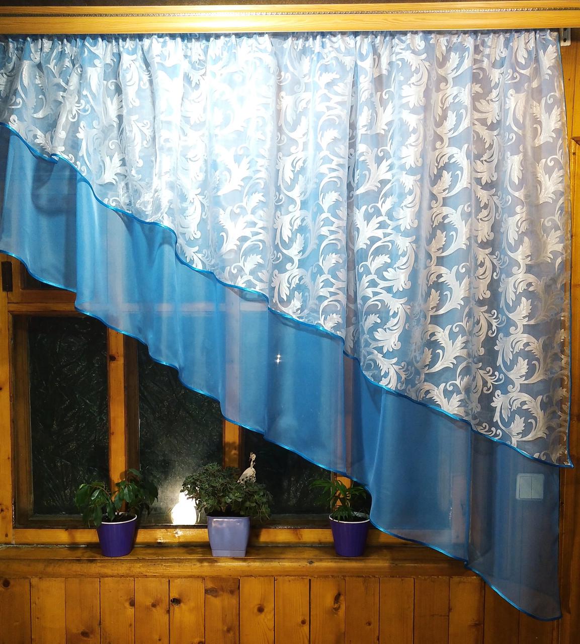 Тюль Ника вензель правая 170х280 см Белый/Синий (1609295683)