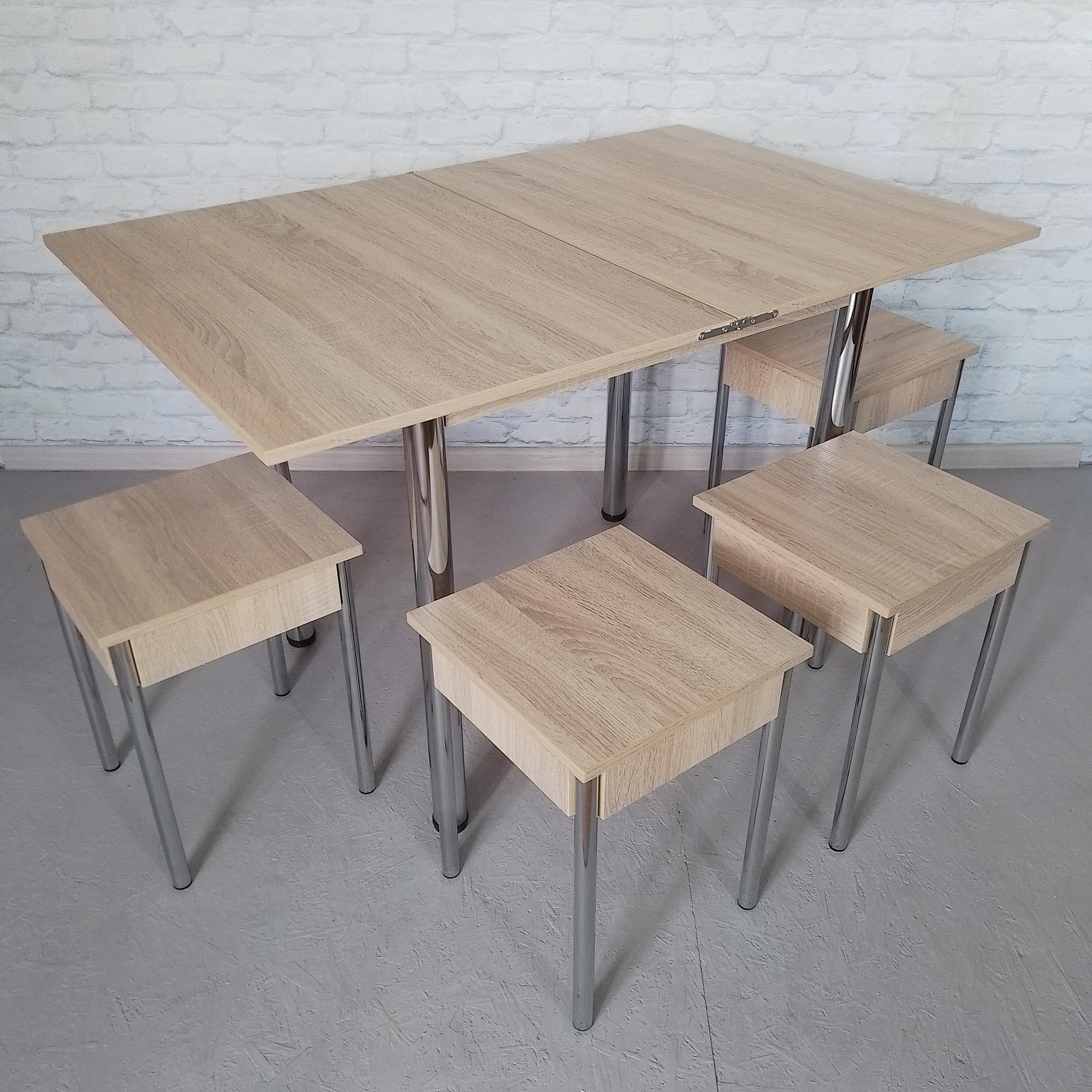 Обеденный стол раскладной и 4 табурета Вента ножки металлические 80х60х75 см/120х80х75 см Дуб сонома/Хром (0052) - фото 1 Обеденный стол раскладной и 4 табурета Вента ножки металлические 80х60х75 см/120х80х75 см Дуб сонома/Хром (0052) - фото 1