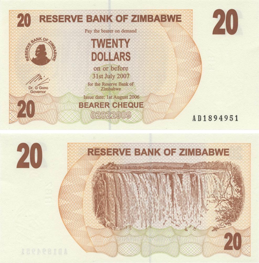 Коллекционная банкнота Зимбабве 20 долларов 2006 UNC P40 (Б09671)