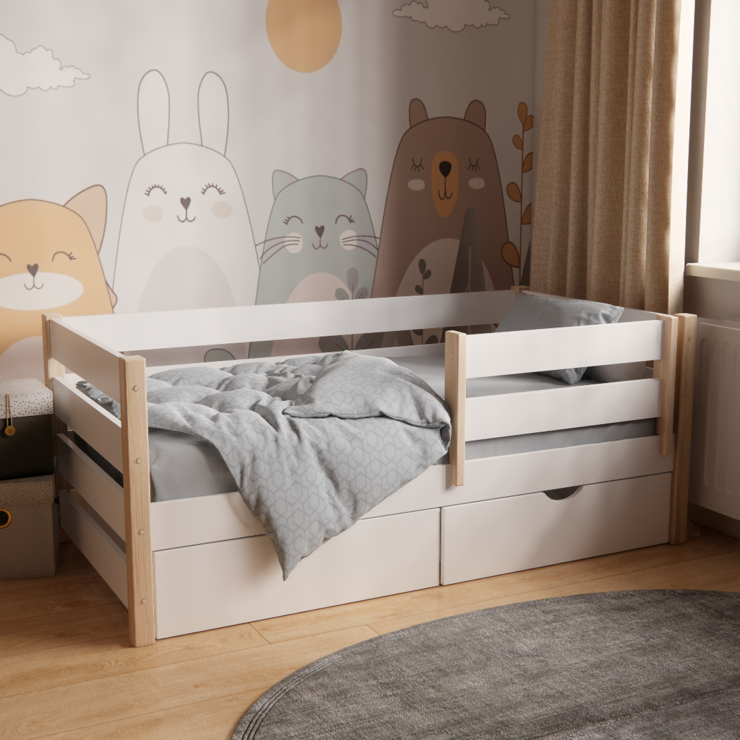 Кровать детская Лира с бортиками и ящиками для детей 3-7 лет из массива ясеня и ЛДСП 140х70 см Белый