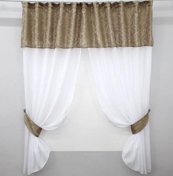 Занавеска на кухню с ламбрекеном 270х170 см Темно-бежевый/Белый (084к) Занавеска на кухню с ламбрекеном 270х170 см Темно-бежевый/Белый (084к)