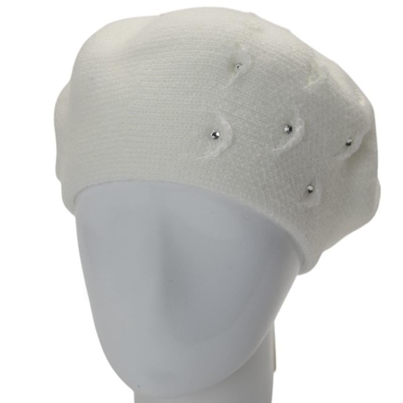 Берет женский двойной Lirus Суфле с узором и стразами Белый