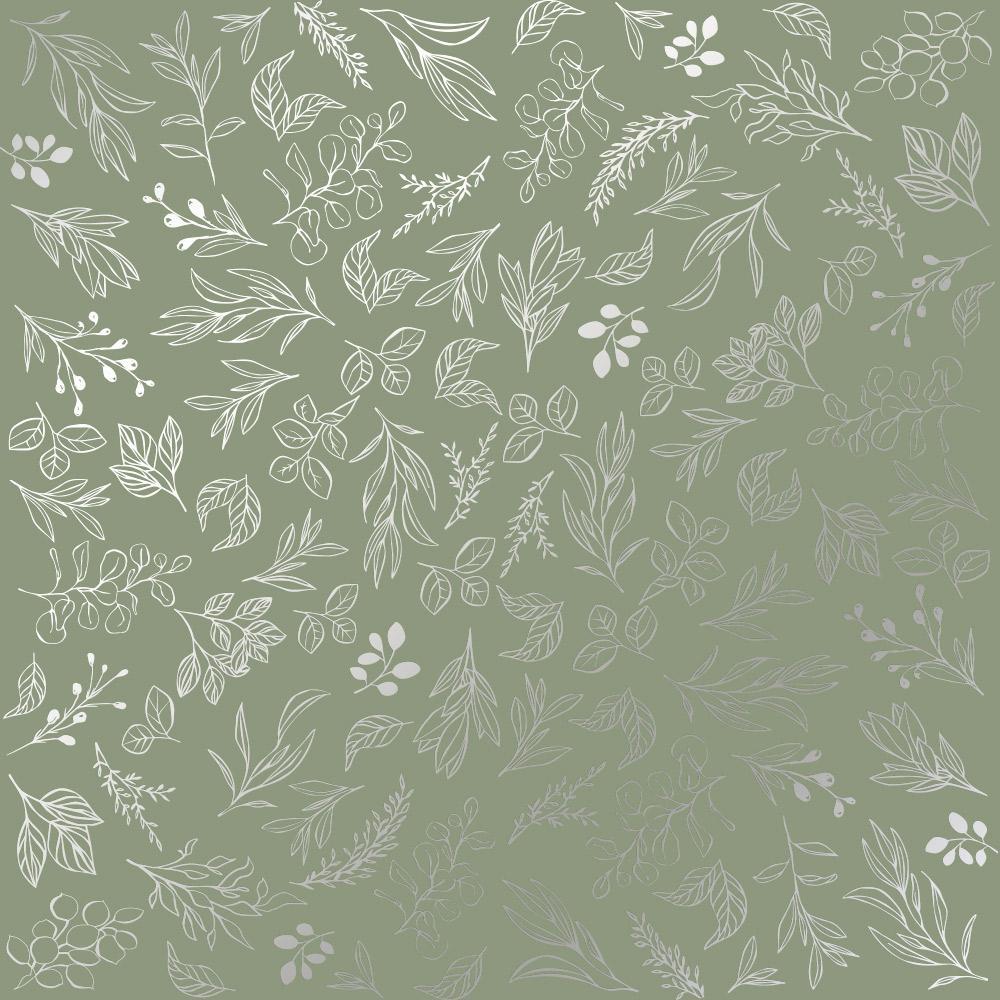 Лист бумаги односторонний Silver Branches с серебряным тиснением 30,5х30,5 см Olive