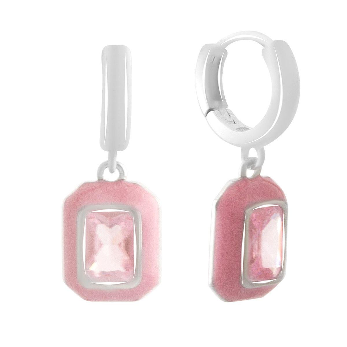 Срібні сережки-кільця з підвісками та прозорими вставками у рожевій емалі