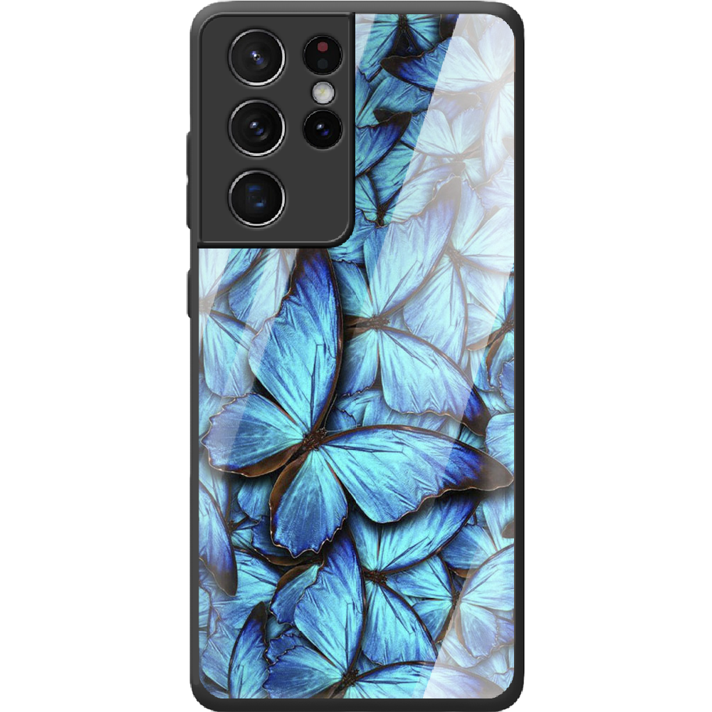Чехол BoxFace Samsung G998 Galaxy S21 Ultra лазурные бабочки Черный силикон со стеклом (41719-up1550-42231)