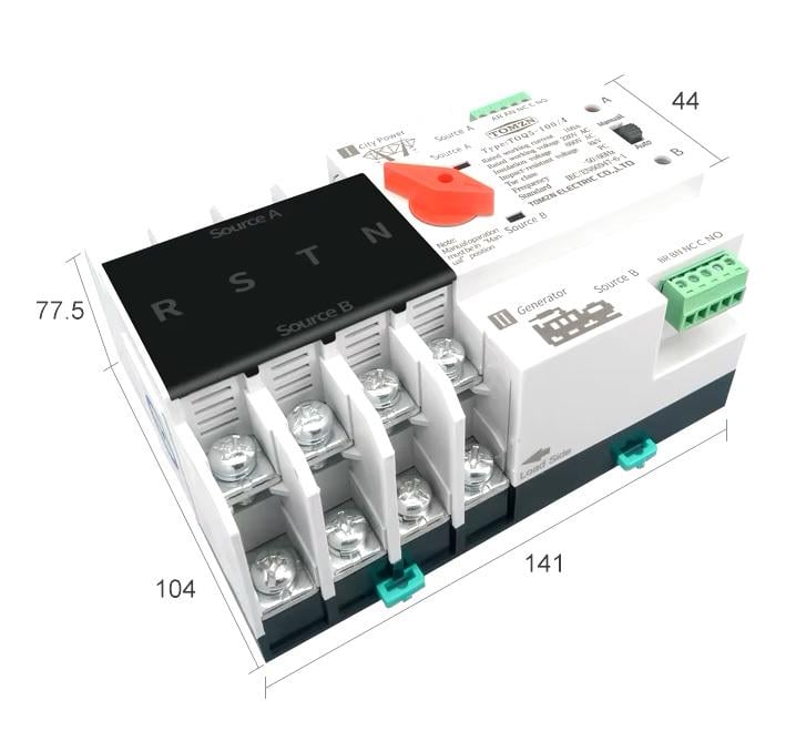 Автомат ввода резерва Tomzn TOQ5-125/4 трехфазный 4P четырехполюсный переключатель автомачический генератор/инвертор/сеть (TOQ5-125/4) - фото 4