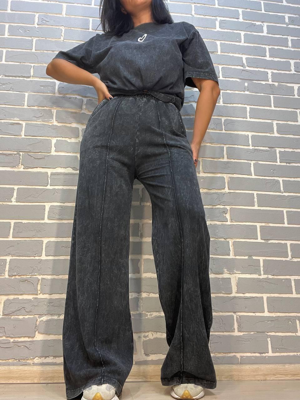 Костюм женский COAST MODA 4232 вареный тай-дай брюки палаццо с футболкой сердце M Графитовый (2470) - фото 6 Костюм женский COAST MODA 4232 вареный тай-дай брюки палаццо с футболкой сердце M Графитовый (2470) - фото 6