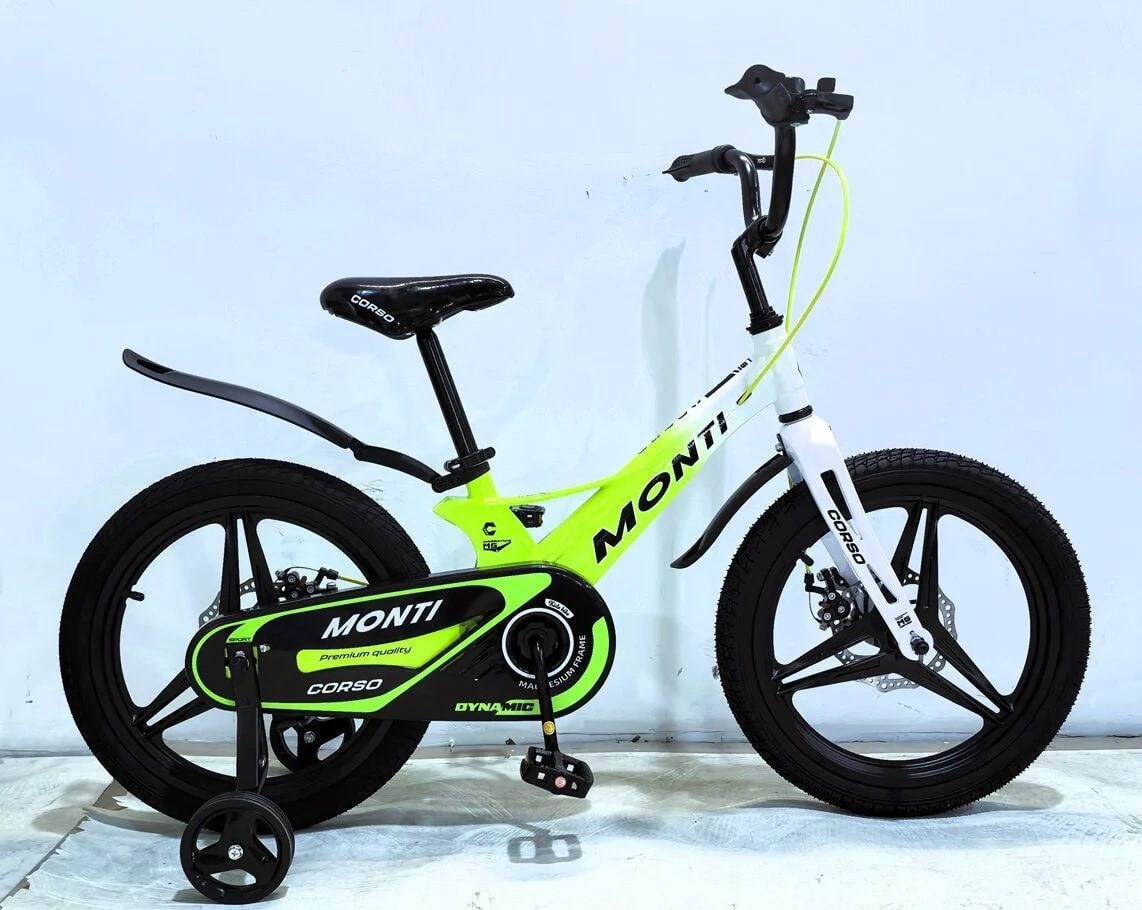 Детский велосипед Corso Magnesium Monti двухколесный 18" с дополнительными колесами Бело-салатовый (MT-18422)