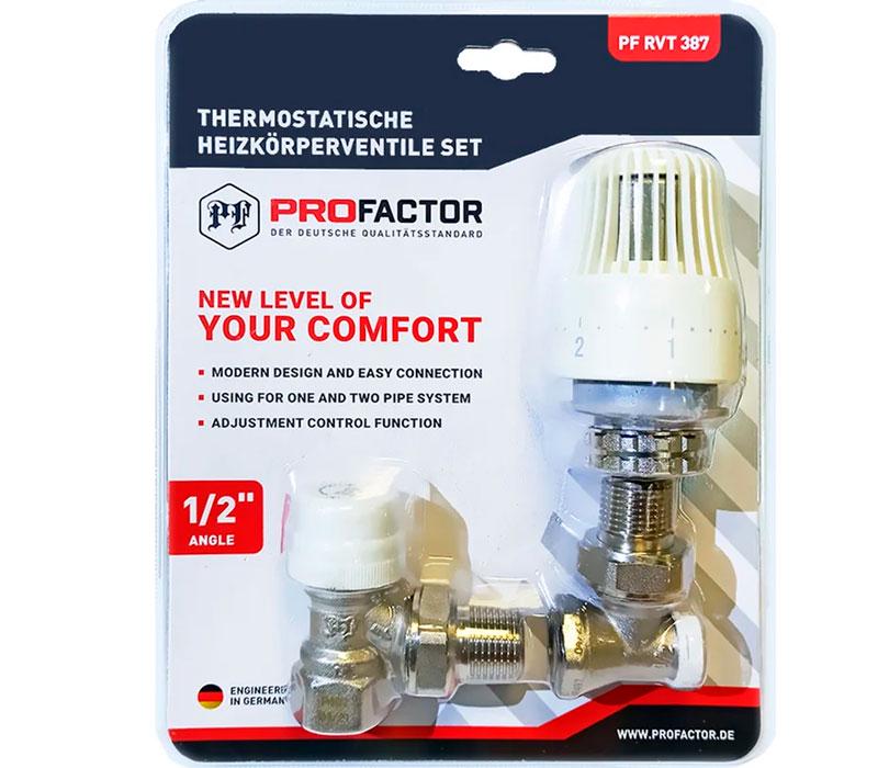 Комплект радиаторный угловой PROFACTOR PF RVT 387 термостатический 1/2" (53501) Комплект радиаторный угловой PROFACTOR PF RVT 387 термостатический 1/2" (53501)