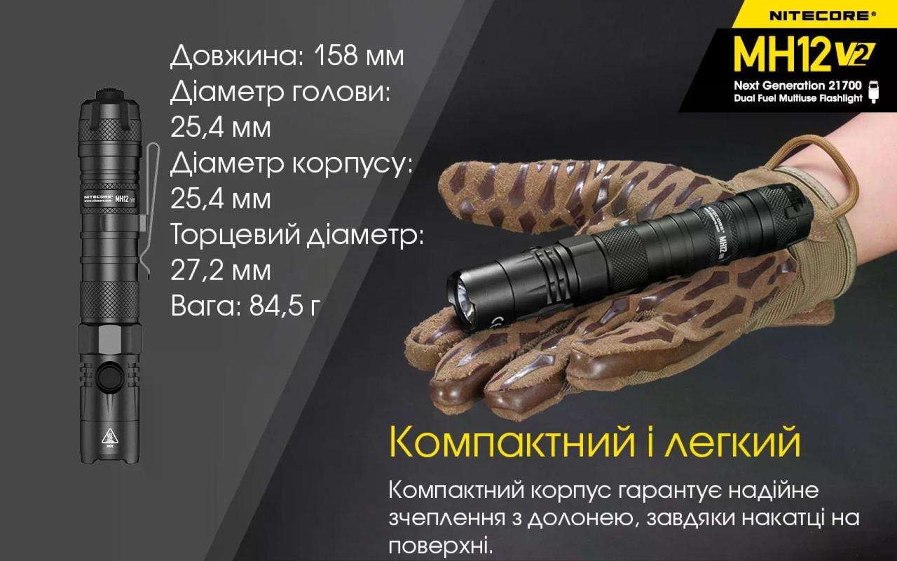Фонарь Nitecore MH12 V2 USB-Type-C 1200 lm 202 м (27831917) - фото 6 Фонарь Nitecore MH12 V2 USB-Type-C 1200 lm 202 м (27831917) - фото 6