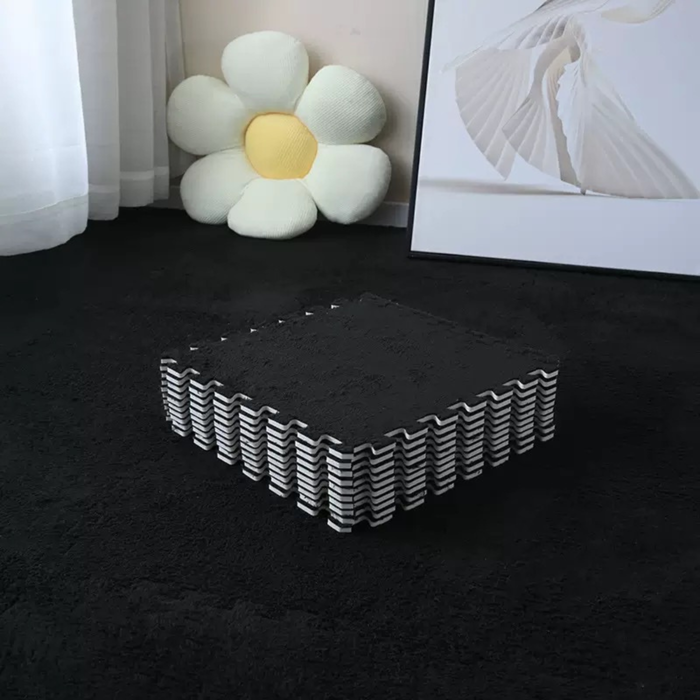 Коврик-пазл мягкий плюшевый термо 12 пазлов теплый пол для дома в детскую комнату один цвет 90х120 см