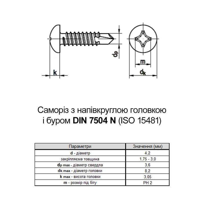 Саморез для кровли со сверлом Metalvis TEX-Pi DIN7504N 4,2х38 PH2 max 3 мм полукруглая нержавеющая сталь 250 шт. (N9T200000N9T242380) - фото 2