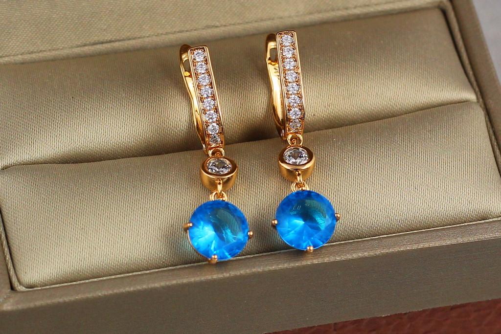 Серьги подвески Xuping Jewelry с голубым круглым камнем 3,1 см Золотистый (1702710607)