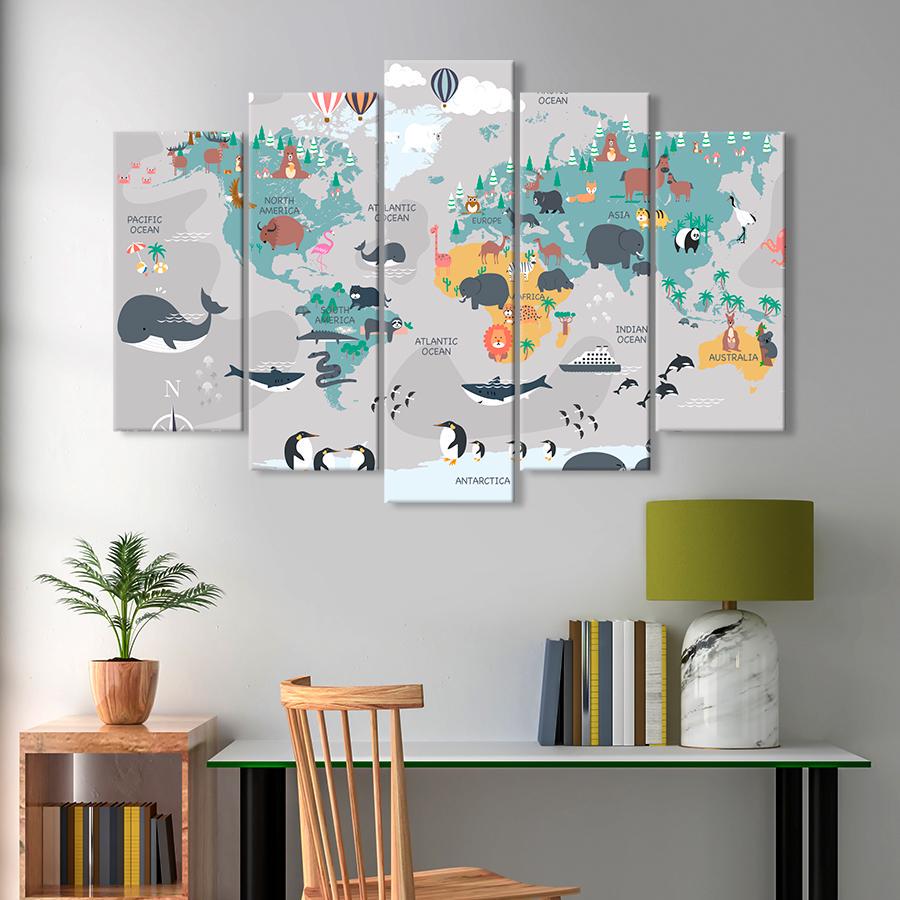 Картина на полотні Карта тваринного світу в дитячому стилі 137x85 см (V530-5_L)